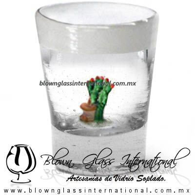 Tequilero Cónico con Nopal-Rancherito y Borde de Color Blanco. Fábrica de Vidrio Soplado Artesanal, made in México - Blown Glass Factory Store Tonala, Handcraft, Handmade.