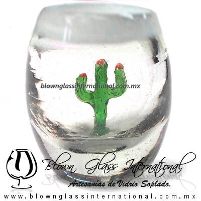 Tequilero Barril con Cactus y borde de color. Fábrica de Vidrio Soplado Artesanal, made in México - Blown Glass Factory Store Tonala, Handcraft, Handmade.