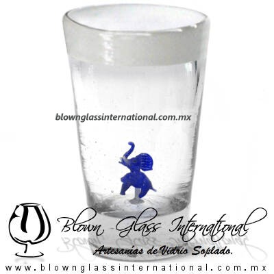 Tequilero Cónico con Elefante y borde Blanco. Fábrica de Vidrio Soplado Artesanal, made in México - Blown Glass Factory Store Tonala, Handcraft, Handmade.