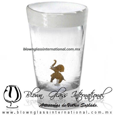Tequilero Cónico con Elefante y borde Blanco. Fábrica de Vidrio Soplado Artesanal, made in México - Blown Glass Factory Store Tonala, Handcraft, Handmade.