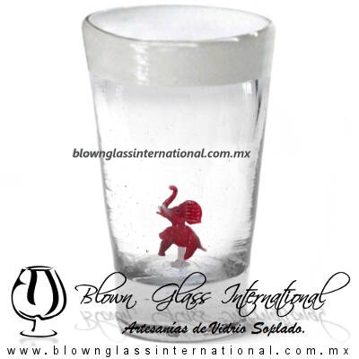 Tequilero Cónico con Elefante y borde Blanco. Fábrica de Vidrio Soplado Artesanal, made in México - Blown Glass Factory Store Tonala, Handcraft, Handmade.
