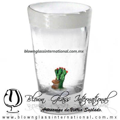 Tequilero Cónico con Nopal-Rancherito y Borde de Color Blanco. Fábrica de Vidrio Soplado Artesanal, made in México - Blown Glass Factory Store Tonala, Handcraft, Handmade.