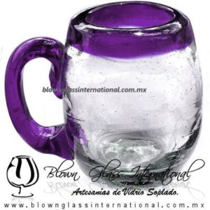 Tequilero Barril con Borde y Asa de Color Morado. Fábrica de Vidrio Soplado Artesanal, made in México - Blown Glass Factory Store Tonala, Handcraft, Handmade.