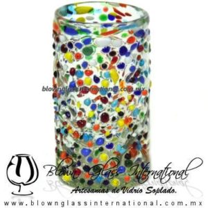 Vaso Cilíndrico Granizado de Colores Festival (pintas Carmen). Fábrica de Vidrio Soplado Artesanal, made in México - Blown Glass Factory Store Tonala, Handcraft, Handmade.