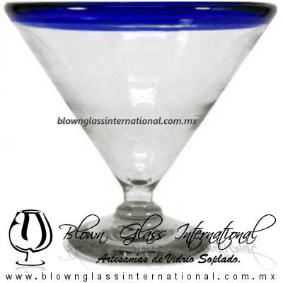 Copa Martini Postre Borde de Color. Fábrica de Vidrio Soplado Artesanal, made in México - Blown Glass Factory Store Tonala, Handcraft, Handmade.