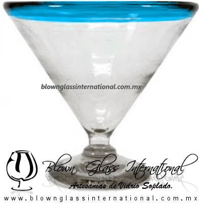 Copa Martini Postre Borde de Color. Fábrica de Vidrio Soplado Artesanal, made in México - Blown Glass Factory Store Tonala, Handcraft, Handmade.