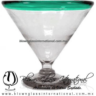 Copa Martini Postre Borde de Color. Fábrica de Vidrio Soplado Artesanal, made in México - Blown Glass Factory Store Tonala, Handcraft, Handmade.