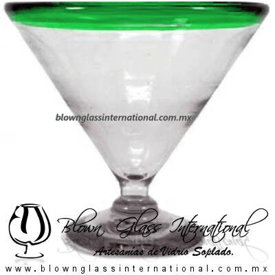 Copa Martini Postre Borde de Color. Fábrica de Vidrio Soplado Artesanal, made in México - Blown Glass Factory Store Tonala, Handcraft, Handmade.