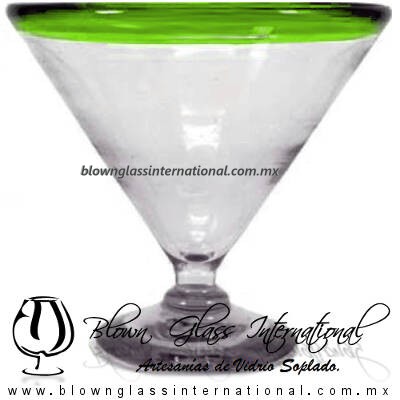 Copa Martini Postre Borde de Color. Fábrica de Vidrio Soplado Artesanal, made in México - Blown Glass Factory Store Tonala, Handcraft, Handmade.