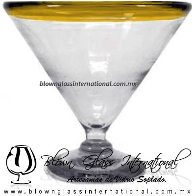 Copa Martini Postre Borde de Color. Fábrica de Vidrio Soplado Artesanal, made in México - Blown Glass Factory Store Tonala, Handcraft, Handmade.