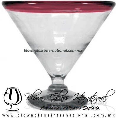 Copa Martini Postre Borde de Color. Fábrica de Vidrio Soplado Artesanal, made in México - Blown Glass Factory Store Tonala, Handcraft, Handmade.