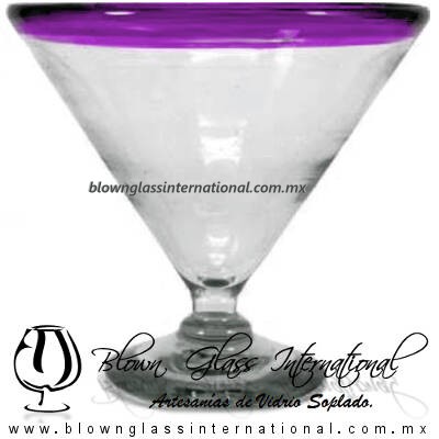 Copa Martini Postre Borde de Color. Fábrica de Vidrio Soplado Artesanal, made in México - Blown Glass Factory Store Tonala, Handcraft, Handmade.