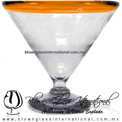 Copa Martini Postre Borde de Color. Fábrica de Vidrio Soplado Artesanal, made in México - Blown Glass Factory Store Tonala, Handcraft, Handmade.