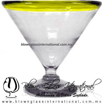 Copa Martini Postre Borde de Color. Fábrica de Vidrio Soplado Artesanal, made in México - Blown Glass Factory Store Tonala, Handcraft, Handmade.