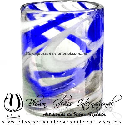 Tequilero Cilíndrico Hilo Jalado Blanco y de Color. Fábrica de Vidrio Soplado Artesanal, made in México - Blown Glass Factory Store Tonala, Handcraft, Handmade.