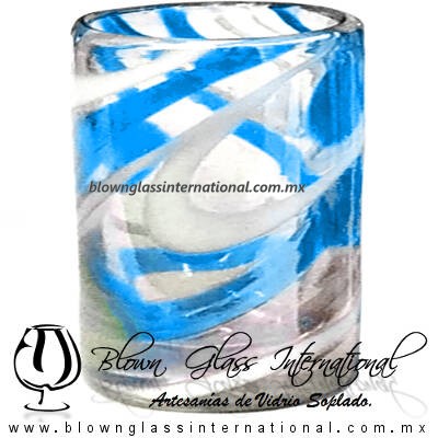 Tequilero Cilíndrico Hilo Jalado Blanco y de Color. Fábrica de Vidrio Soplado Artesanal, made in México - Blown Glass Factory Store Tonala, Handcraft, Handmade.