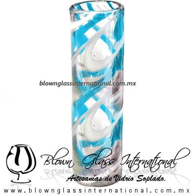 Tequilero Cilíndrico Hilo Jalado Blanco y de Color. Fábrica de Vidrio Soplado Artesanal, made in México - Blown Glass Factory Store Tonala, Handcraft, Handmade.