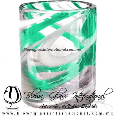 Tequilero Cilíndrico Hilo Jalado Blanco y de Color. Fábrica de Vidrio Soplado Artesanal, made in México - Blown Glass Factory Store Tonala, Handcraft, Handmade.