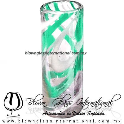 Tequilero Cilíndrico Hilo Jalado Blanco y de Color. Fábrica de Vidrio Soplado Artesanal, made in México - Blown Glass Factory Store Tonala, Handcraft, Handmade.