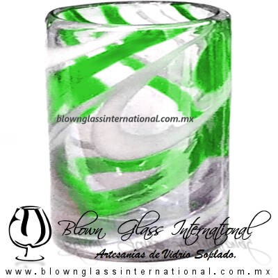 Tequilero Cilíndrico Hilo Jalado Blanco y de Color. Fábrica de Vidrio Soplado Artesanal, made in México - Blown Glass Factory Store Tonala, Handcraft, Handmade.