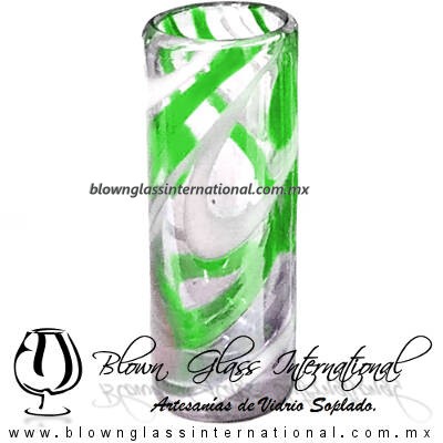Tequilero Cilíndrico Hilo Jalado Blanco y de Color. Fábrica de Vidrio Soplado Artesanal, made in México - Blown Glass Factory Store Tonala, Handcraft, Handmade.