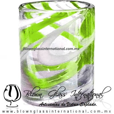 Tequilero Cilíndrico Hilo Jalado Blanco y de Color. Fábrica de Vidrio Soplado Artesanal, made in México - Blown Glass Factory Store Tonala, Handcraft, Handmade.