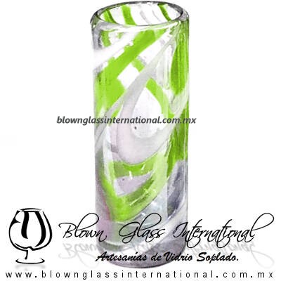 Tequilero Cilíndrico Hilo Jalado Blanco y de Color. Fábrica de Vidrio Soplado Artesanal, made in México - Blown Glass Factory Store Tonala, Handcraft, Handmade.