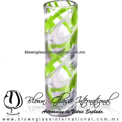 Tequilero Cilíndrico Hilo Jalado Blanco y de Color. Fábrica de Vidrio Soplado Artesanal, made in México - Blown Glass Factory Store Tonala, Handcraft, Handmade.