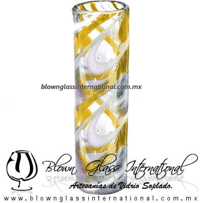 Tequilero Cilíndrico Hilo Jalado Blanco y de Color. Fábrica de Vidrio Soplado Artesanal, made in México - Blown Glass Factory Store Tonala, Handcraft, Handmade.