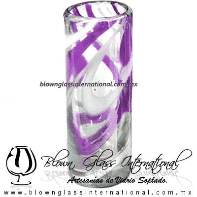 Tequilero Cilíndrico Hilo Jalado Blanco y de Color. Fábrica de Vidrio Soplado Artesanal, made in México - Blown Glass Factory Store Tonala, Handcraft, Handmade.