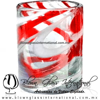 Tequilero Cilíndrico Hilo Jalado Blanco y de Color. Fábrica de Vidrio Soplado Artesanal, made in México - Blown Glass Factory Store Tonala, Handcraft, Handmade.