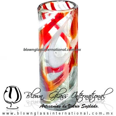 Tequilero Cilíndrico Hilo Jalado Blanco y de Color. Fábrica de Vidrio Soplado Artesanal, made in México - Blown Glass Factory Store Tonala, Handcraft, Handmade.
