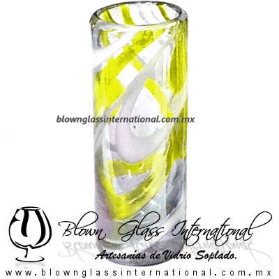 Tequilero Cilíndrico Hilo Jalado Blanco y de Color. Fábrica de Vidrio Soplado Artesanal, made in México - Blown Glass Factory Store Tonala, Handcraft, Handmade.