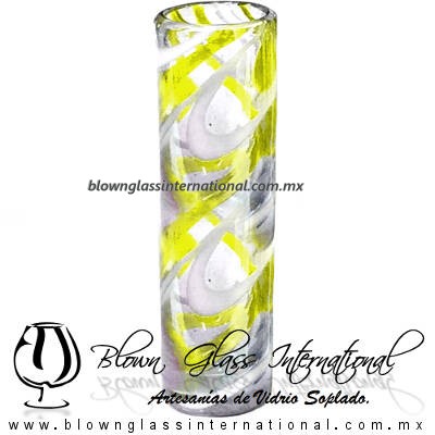 Tequilero Cilíndrico Hilo Jalado Blanco y de Color. Fábrica de Vidrio Soplado Artesanal, made in México - Blown Glass Factory Store Tonala, Handcraft, Handmade.