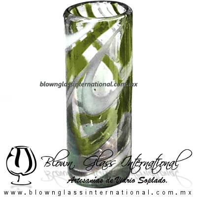 Tequilero Cilíndrico Hilo Jalado Blanco y de Color. Fábrica de Vidrio Soplado Artesanal, made in México - Blown Glass Factory Store Tonala, Handcraft, Handmade.